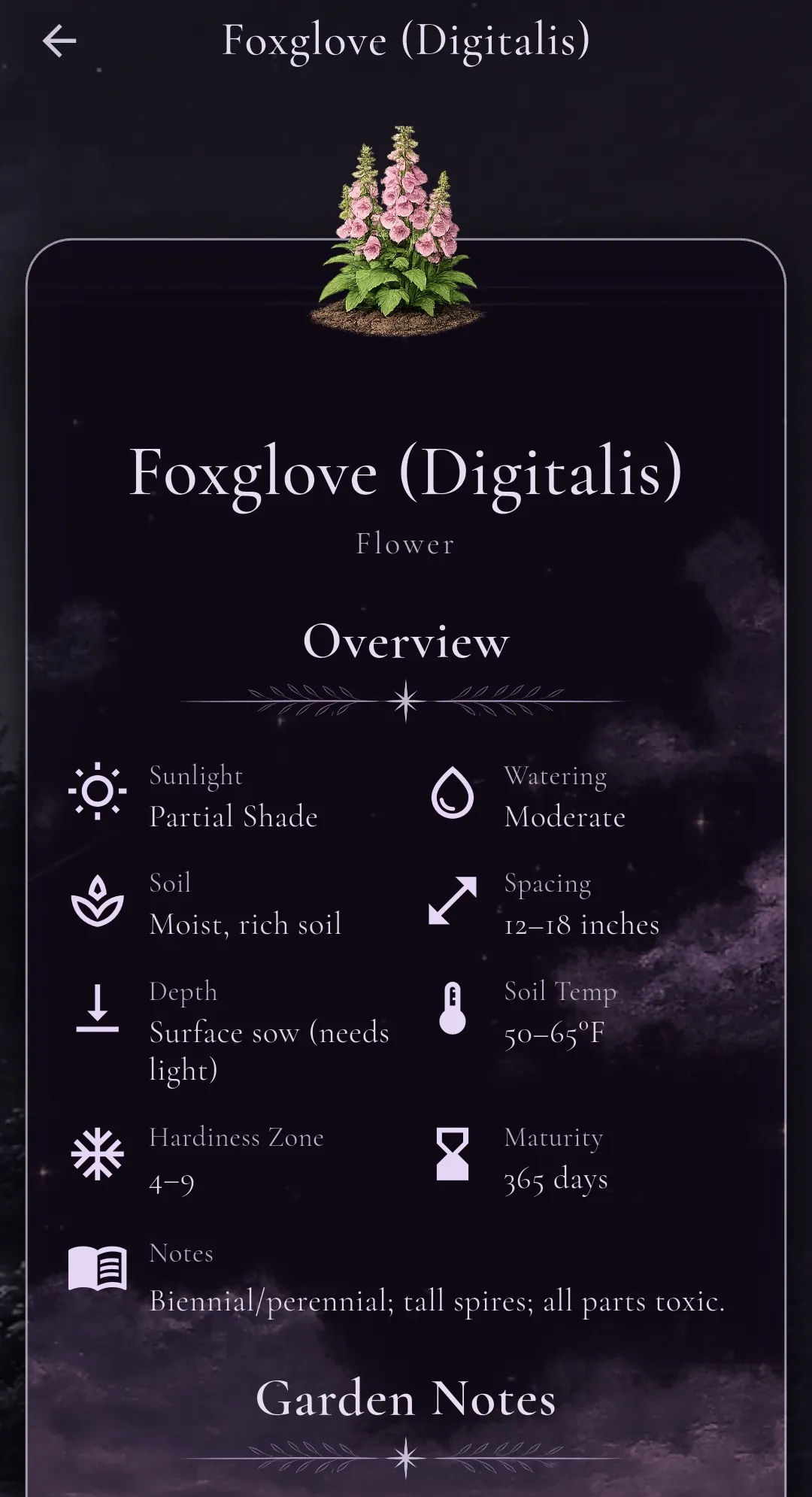 My Garden screenshot featuring Foxglove