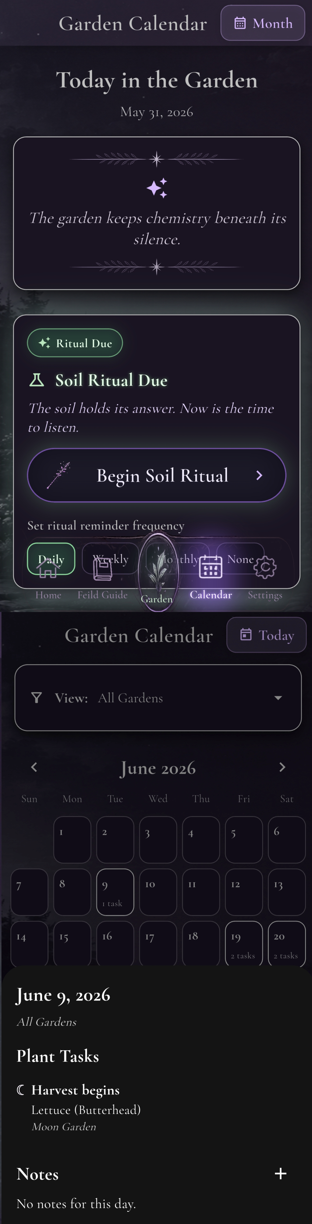Garden calendar screen