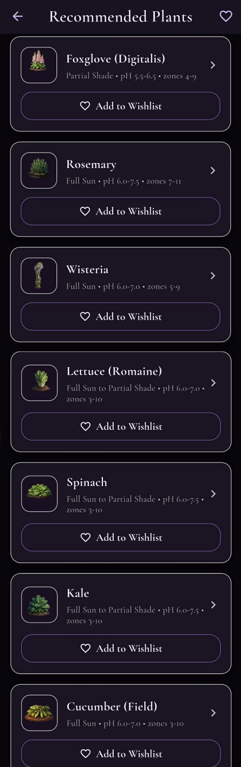 Garden recommendations screen